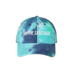 A tie-dye baseball cap with 'HIPPIE SABOTAGE' text on it, predominantly in blue and green shades.