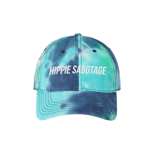 A tie-dye baseball cap with 'HIPPIE SABOTAGE' text on it, predominantly in blue and green shades.
