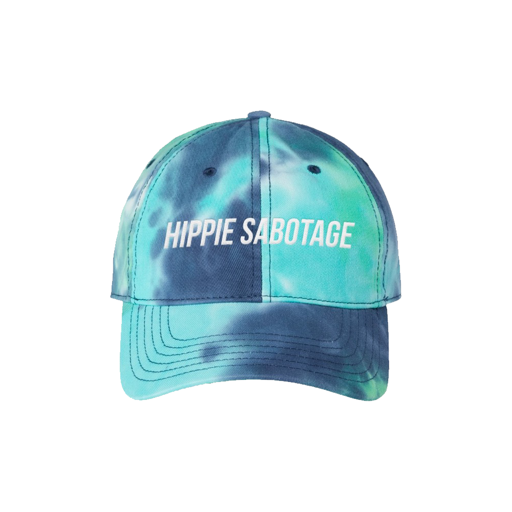 A tie-dye baseball cap with 'HIPPIE SABOTAGE' text on it, predominantly in blue and green shades.
