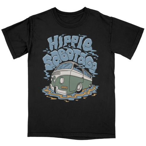 Black t-shirt with a graphic of a van and 'Hippie Sabotage' text on a transparent background