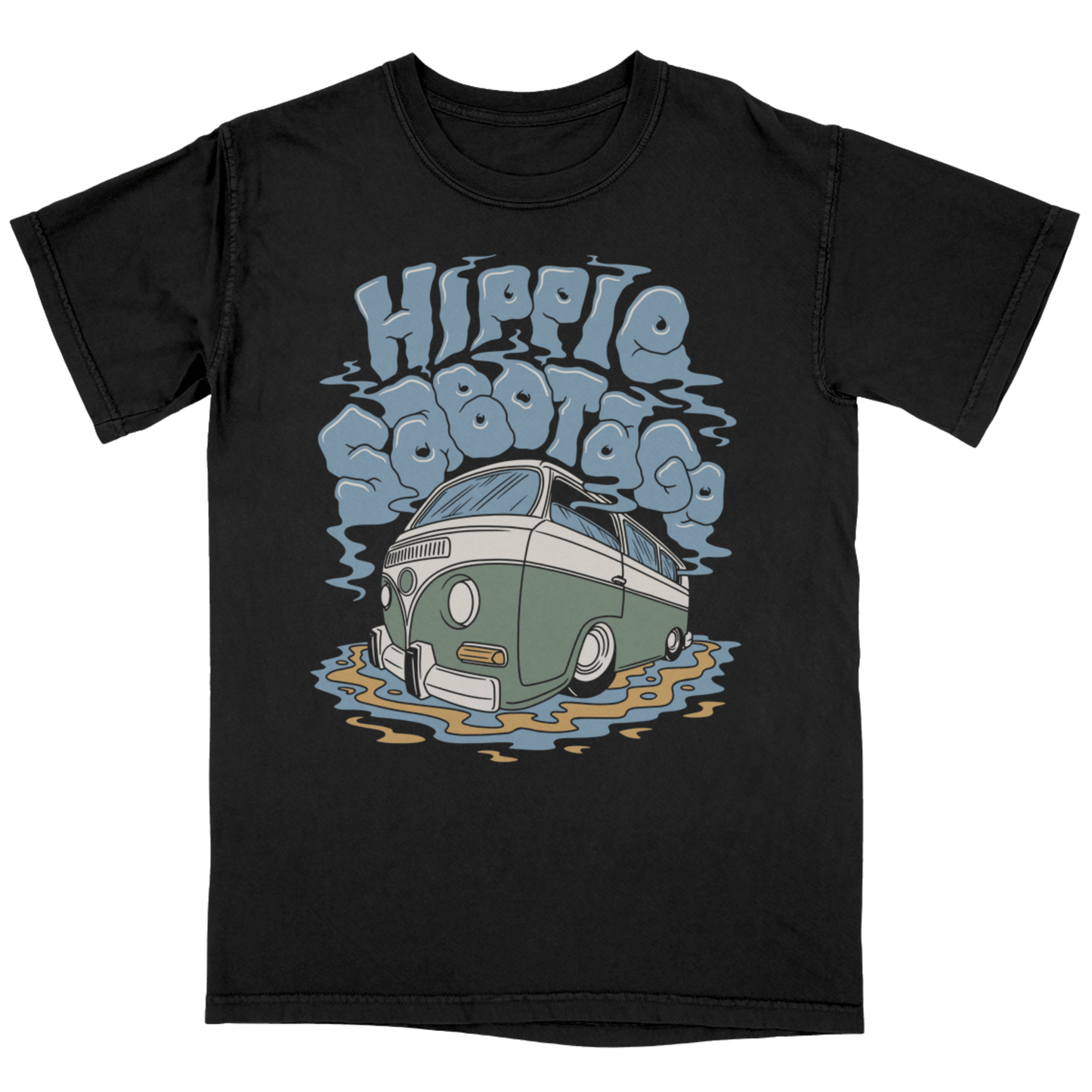 Black t-shirt with a graphic of a van and 'Hippie Sabotage' text on a transparent background