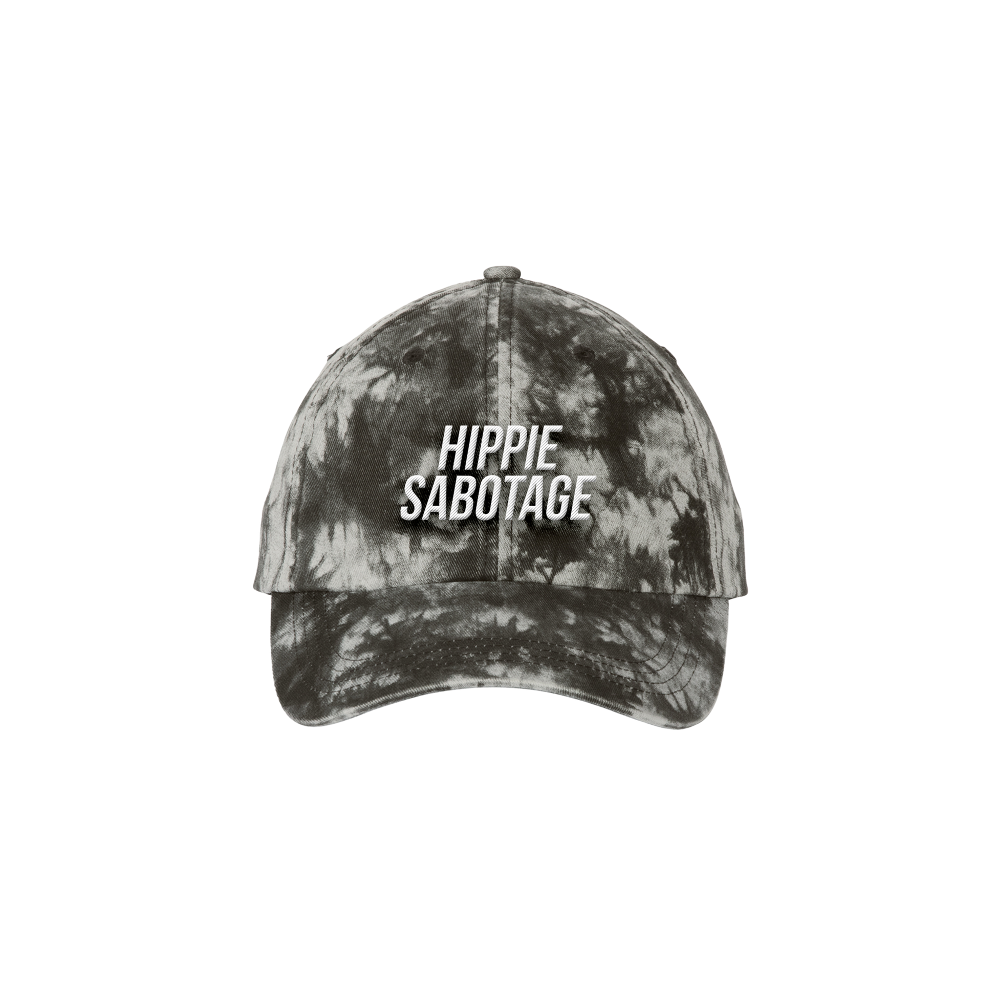 A tie-dye baseball cap with 'HIPPIE SABOTAGE' text on it, predominantly in black color.