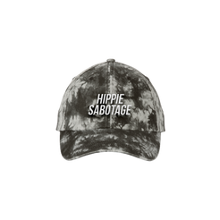 A tie-dye baseball cap with 'HIPPIE SABOTAGE' text on it, predominantly in black color.