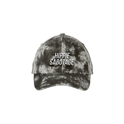 A tie-dye baseball cap with 'HIPPIE SABOTAGE' text on it, predominantly in black color.