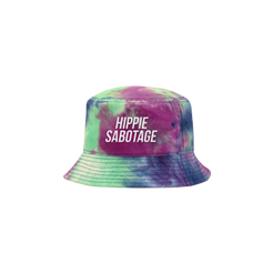 A tie-dye bucket hat with 'HIPPIE SABOTAGE' text on it, predominantly in purple and green colors.