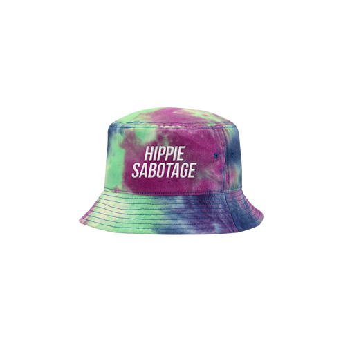 A tie-dye bucket hat with 'HIPPIE SABOTAGE' text on it, predominantly in purple and green colors.
