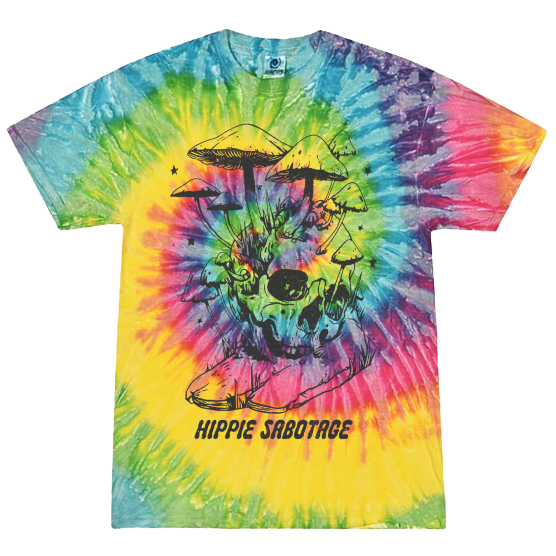 A tie-dye t-shirt with a central front print that features a stylized shroom (mushroom) design, with the text 'HIPPIE SABOTAGE' below it. The t-shirt displays a range of colors including yellow, blue, and red.