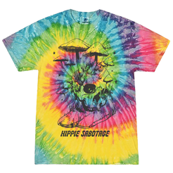 A tie-dye t-shirt with a central front print that features a stylized shroom (mushroom) design, with the text 'HIPPIE SABOTAGE' below it. The t-shirt displays a range of colors including yellow, blue, and red.
