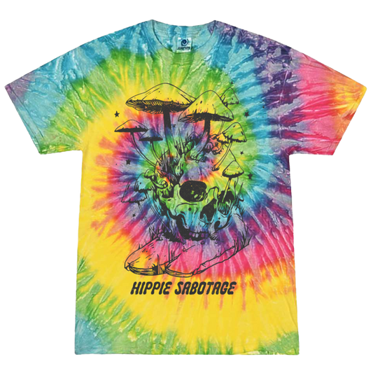 A tie-dye t-shirt with a central front print that features a stylized shroom (mushroom) design, with the text 'HIPPIE SABOTAGE' below it. The t-shirt displays a range of colors including yellow, blue, and red.